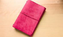 Load image into Gallery viewer, Handmade Leather Trifold A5, A6, and Bifold Passport Travel Notebooks in Bright Fuschia Italian Leather
