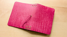 Load image into Gallery viewer, Handmade Leather Trifold A5, A6, and Bifold Passport Travel Notebooks in Bright Fuschia Italian Leather
