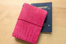 Load image into Gallery viewer, Handmade Leather Trifold A5, A6, and Bifold Passport Travel Notebooks in Bright Fuschia Italian Leather
